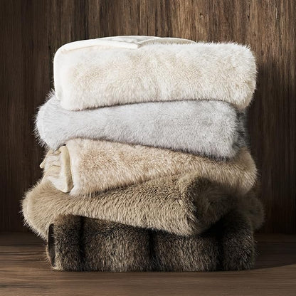 Luxury Faux Fur Throw Blanket, Soft Fluffy Faux Mink Blankets for Bed, Couch, Sofa, Thick Cozy Plush Warm Fur Throws with Reversible Velvet, Frosted White Wolf, 60"x80"