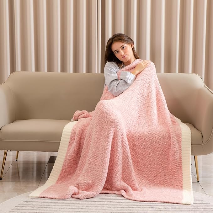 Snuggle Sac Pink Throw Blankets for Couch, Reversible Super Soft Warm Microfiber Blankets Cozy Knit Fuzzy Plush Lightweight Fluffy Throws for Sofa, Bed, Living Room, Heather Pink, 50 x 60 inches