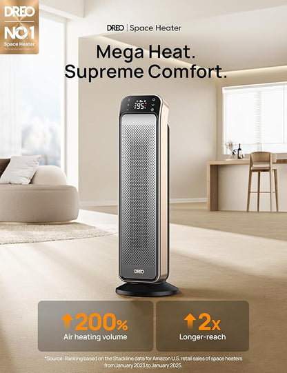 Dreo Space Heater Indoor, 25" 11.5ft/s Fast Portable Room Heater with Remote and Thermostat, 3 Modes, Overheating & Tip-Over Protection, Electric Heaters for Indoor Use Large Room, Bedroom, Gold