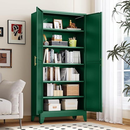 Kitchen Pantry Storage Cabinet with Doors and Adjustable Shelves, Metal ClosetMaid Food Pantry Cabinets, 75" Tall Freestanding Cupboard for Kitchen, Laundry or Utility Room, Green