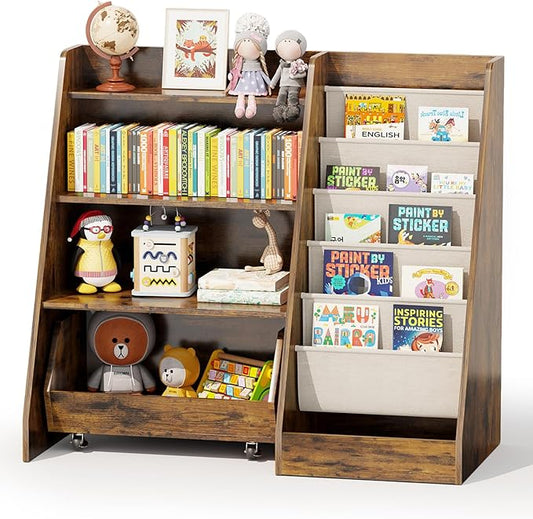 COZPAW Kids Bookshelf and Toy Storage, 4 Tier Toddler Bookshelf with Movable Drawer 5 Sling Pockets, Montessori Book Shelf for Kids Room, Playroom, Nursery (Brown)