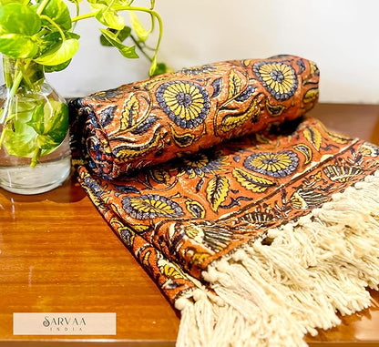 Handmade Cotton Throw Blanket | Floral Block Print in Orange & Navy | 48x70 Inches Fringed Bed Runner | Lightweight Boho Sofa Throw for Couch, Living Room & Bedroom Decor