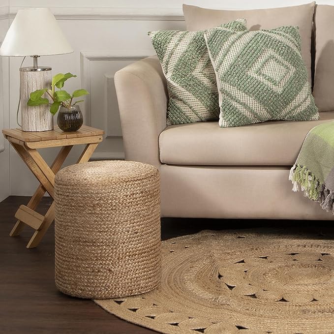 REDEARTH · Cylindrical Pouf Ottoman - Braided Pouffe Accent Sitting Round Footrest for Living Room, Bedroom, Nursery, kidsroom, Patio, Gym; 100% Jute Set of 2 (14.5"X14.5"X16"; Natural)