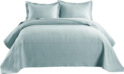 MarCielo 3-Piece 100% Cotton Oversized Bedspread Lightweight Quilt Coverlet Embroidery Farmhouse Bedding Set (TM Mint Green, Oversized Queen (100"x106"))