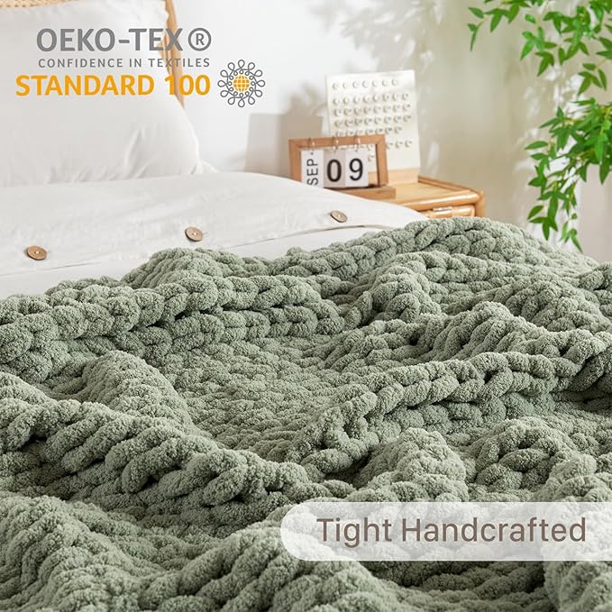 Chunky Knit Blanket Throw, 100% Hand Knit Throw Blanket Handmade Chenille Cable Knit Throw for Couch, Stylish Cozy Soft Rope Knot Crochet Blanket for Home Decor, Sage Green, 50x60 Inches