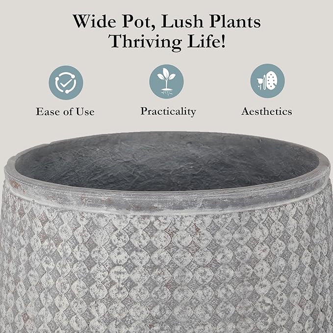 Worth Garden 12" Dia x 15" H Grey Round Planter – Lightweight Magnesium Oxide Cement Plant Pot with Texture – Raised Pattern Concrete Look – Drainage Hole – Indoor & Outdoor Use