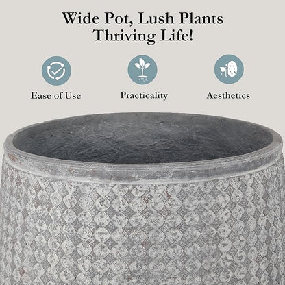 Worth Garden 12" Dia x 15" H Grey Round Planter – Lightweight Magnesium Oxide Cement Plant Pot with Texture – Raised Pattern Concrete Look – Drainage Hole – Indoor & Outdoor Use