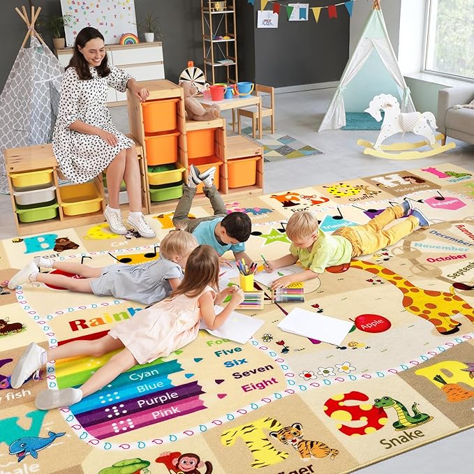 6x9 Playroom Rugs for Kids Washable, Educational and Fun Playmat with ABC Alphabet Animals Shapes Colors, Non-Slip Play Mat Learning Rugs for Baby Toddler Children Game Activity，Beige, Pink
