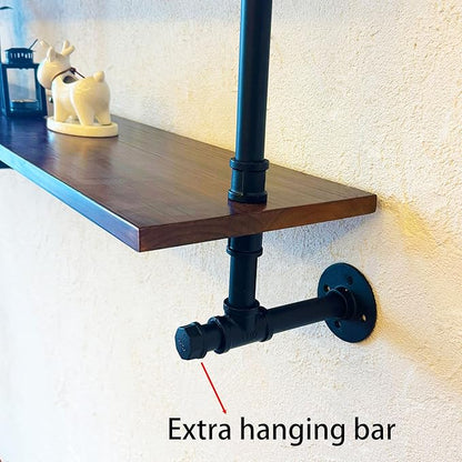 Industrial Pipe Wall Shelves With Real Wood Plank, 70 Inches Floating Shelves for Wall, 4 Tier Farmhouse Book Shelves, Dark Brown for Kitchen, Living Room Decor and Bar