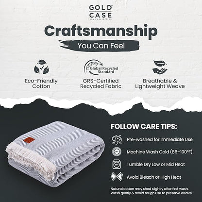 Gold Case Throw Blanket for Bed – 100% Recycled Turkish Cotton Bed Blanket – Decorative Throw Cotton Blankets for Living Room & Bedroom – Woven Twin Blankets - 71x90 - Elegant Grey