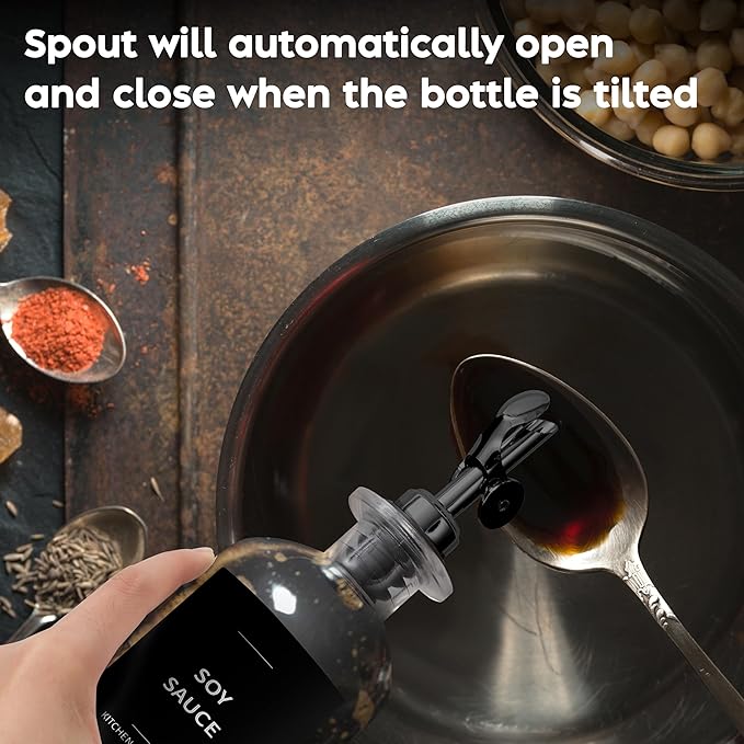 Olive Oil Dispenser Bottle - Includes 55 Kitchen Essential Labels - Cooking Oil Bottles for Kitchen, Coffee Syrup Dispenser - Pourer Spout with 11.8 fl oz Glass Container Cruet - 2pcs, Black