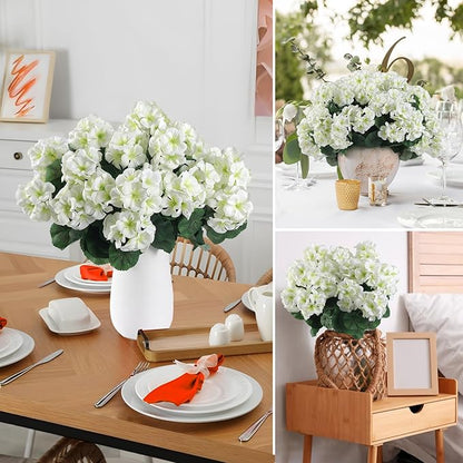 Hananona 12 Pcs Artificial Geranium Flowers for Outdoors Geranium Silk White Flower Outdoor UV Resistant Garden Plants Faux Flowers for Home Kitchen WeddingTable Centerpieces Decor (12, White)