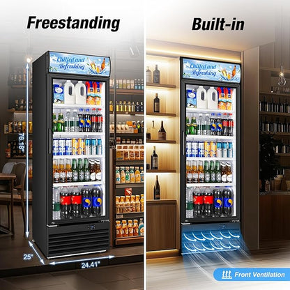 Commercial Beverage Refrigerator, 24 Inch Beverage Fridge, 15 Cu. Ft. Drink Fridge, Display Refrigerator Glass Door, Commercial Display Fridge with Customizable Light Box for Shops, Restaurants, Bars