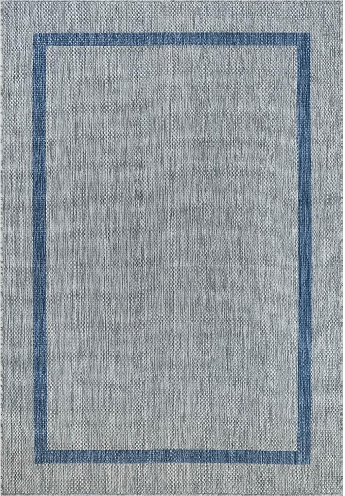 Bordered Outdoor Rug 5x7 Washable Outside Carpet for Indoor Patio Porch Waterproof Easy Cleaning Non Shedding Area Rugs Silver Gray - Blue 5 x 7