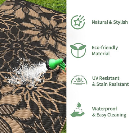 GENIMO Outdoor Rug Waterproof for Patio Decor, 8' x 10' Reversible Plastic Straw Floral Camping Carpet, Large Area Rugs Mats for RV, Camper, Deck, Balcony, Porch, Beach, Picnic, Black & Brown