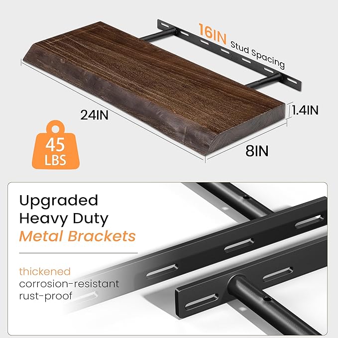 Fun Memories Floating Shelves for Wall, 24 Inhc Floating Shelves Wall Mounted, Rustic Live Edge Elm Wood Shelf, Heavy-Duty Storage Shelves for Books, Bathroom, Kitchen, Walnut Finish, Set of 2