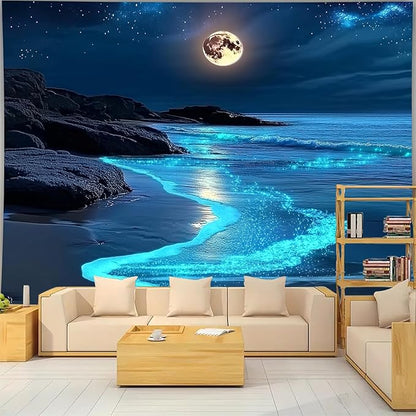 Nature Tapestry Forest Tree Sea Cave Wall Hanging, Stream Through Rainforest Landscape Wall Art Tapestry for Bedroom Living room (Blue Tears, 90"×70", Unframed)