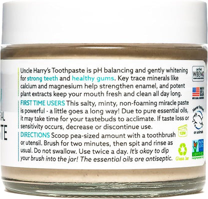Uncle Harry's Peppermint Remineralizing Toothpaste | Natural Whitening Tooth Paste Freshens Breath & Promotes Enamel | Vegan Fluoride Free Toothpaste