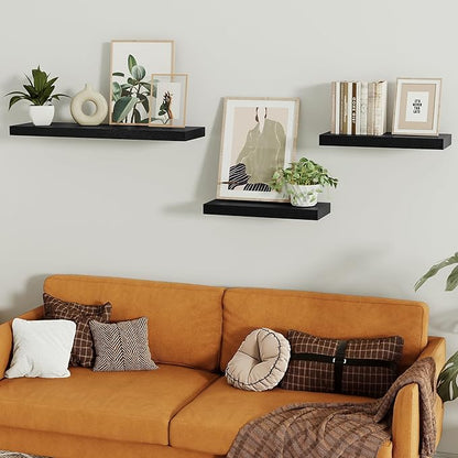 Black Floating Shelves for Wall, 16 inchs x 6.7” deep x 1.4” Wall Shelf for Bathroom Bedroom, Living Room, Kitchen, Office Home Decor, Narrow Wood Shelves with Invisible Brackets Set of 2