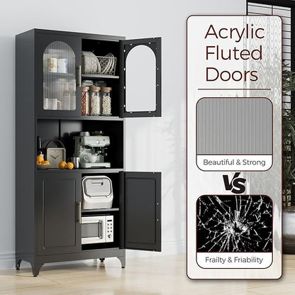 75" Tall Kitchen Pantry Cabinet, Metal Storage Cabinets with Acrylic Doors and Adjustable Shelves, Hutch Cabinet with Storage, Black Microwave Stand Cabinets for Dining Living Room