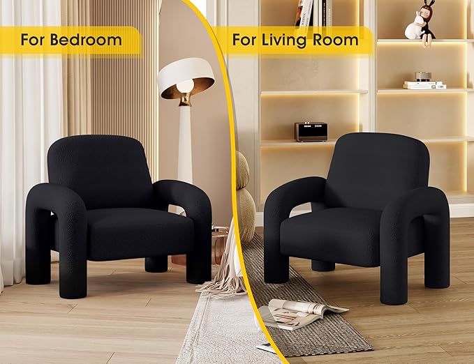 Modern Sherpa Accent Chair, Teddy Upholstered Arm Single Sofa, Cozy Fluffy Reading Chair for Living Room, Bedrooms, Corner (Black)