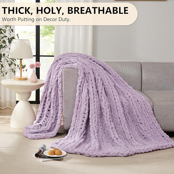 L'AGRATY Chunky Knit Blanket Throw - Soft Chenille Yarn Throw Blanket 40x50： Handmade Thick Cable Knit Crochet Blanke - Large Knit Blanket Chunky Rope Knot Throw Blanket for Couch Sofa Bed Home Decor