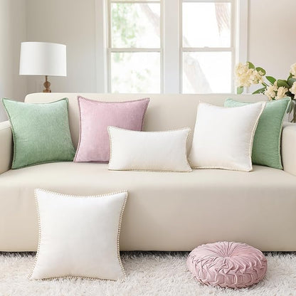 decorUhome Chenille Soft Throw Pillow Covers 20x20 Set of 2, Farmhouse Velvet Neutral Decorative Euro Pillow Covers with Stitched Edge for Couch Sofa Bed Home Decor, Cream White