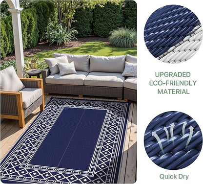 GENIMO Outdoor Rug Waterproof for Patio Decor, 6'x9' Foldable Reversible Plastic Straw Carpet for Travel Trailers, Outside Area Mat for Rv, Deck, Picnic, Porch, Camper, Balcony, Beach, Blue & White