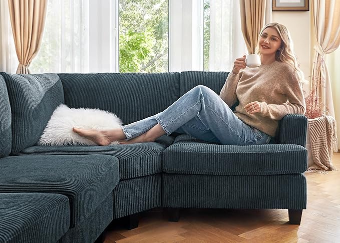 Nolany Modular Sectional Couch with Storage Ottoman, Corduroy Sectional Sofa with Chaise, U Shape Sectional Couches for Living Room, Blue