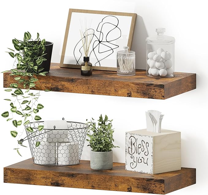 Floating Shelves for Wall, 16 inchs x 6.7” deep x 1.4” Bathroom Shelf Bedroom, Living Room, Kitchen, Farmhouse Decor, Rustic Wood Wall Shelves with Invisible Brackets - Set of 2, Rustic Brown