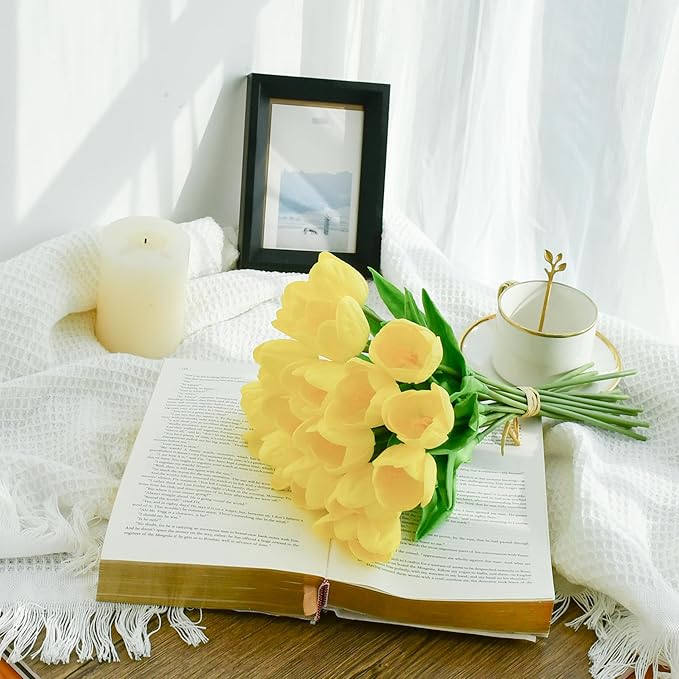 Mandy's Artificial Tulips 12 Stems Yellow Partially Open PU Faux Flowers for Wedding Home Decor 13.5 Inch