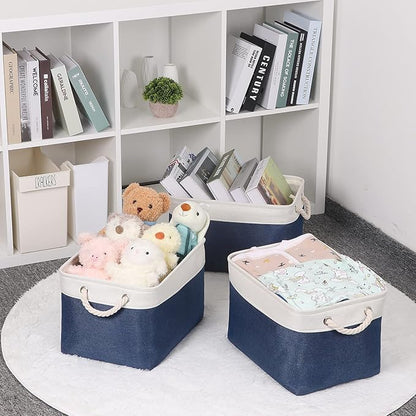 Bidtakay Storage Baskets Collapsible [3-Pack] Decorative Storage Bins with Cotton Rope Handles 15 X 11 X 9.5 Inch Organizing Baskets for Shelves Clothes Closet Navy Blue Baskets for Gifts Empty