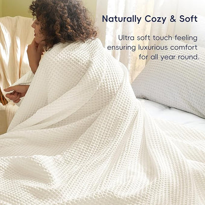 PHF Ultra Soft Waffle Weave Blanket Queen Size 90"x 90"- Washed Lightweight Breathable Cozy Woven Blanket for Bed - Aesthetic Decor for Couch Bedding Sofa Home Car - Coconut White