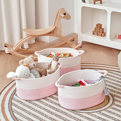Storage Baskets for Organizing | 15"x10.2"x9.1" - 1 Pack Nursery Bin with Handles - Woven Cotton Rope Baskets for Dog Toys, Books, Shelf, Bathroom,Closet -Pink Basket for Girls