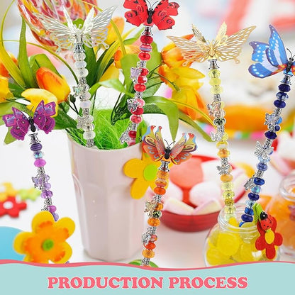 380pcs Beaded Garden Stake, DIY Butterfly Fairy Wand Garden Stake Kit with 10IN Threaded Rod Crystal Stopper Top Large Holes Beads Butterfly Decoration Pendants Outdoor Fairy Garden kit
