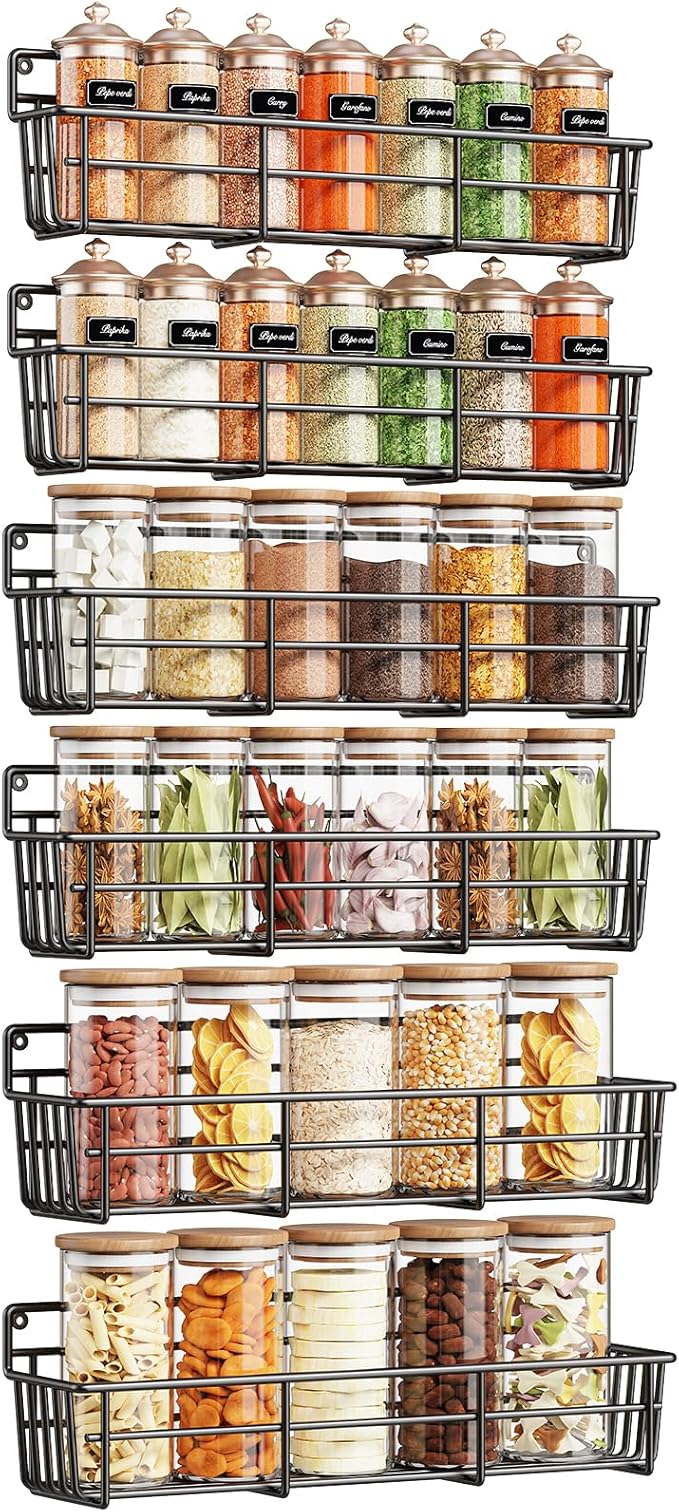 Spice Rack wall mounted 6 Pack, Space-Saving Spice Organizer for Spice Jars and Seasonings,Screw or Adhesive Hanging Spice Rack Organizer for Your Kitchen Cabinet,or Pantry Door