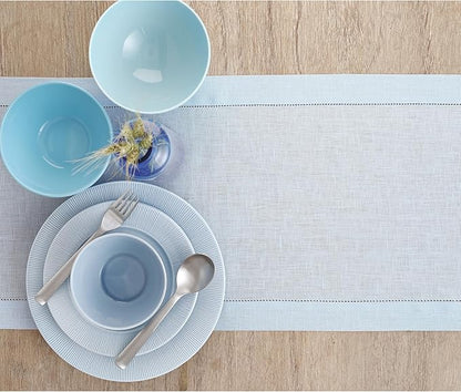 Solino Home Linen Light Blue Table Runner 132 Inches Long - 100% Pure Linen Extra Long Table Runner 14 x 132 Inch - Classic Hemstitch