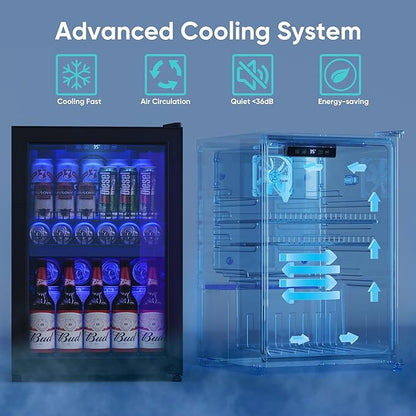 2.5 Cu.Ft Wine Fridge, Mini Fridge With Glass Door, Wine Cooler Refrigerator, Beverage Drink Beer Cooler, Adjustable Shelves & Digital Temperature Display, 22 Bottle 95 Can