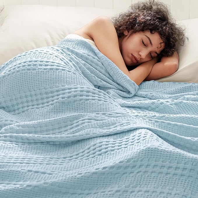 PHF Cooling Waffle Blanket Twin Size, Lightweight 60% Rayon Derived from Bamboo & 40% Cotton Breathable Blanket for Hot Sleepers, Soft and Luxury for Bed Couch and Sofa, 66"x90",Sky Blue