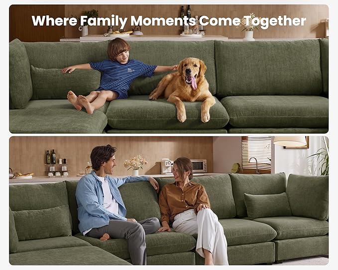 Oversized Modular Sofa, Extra Deep Cloud Chenille Sectional Couch with Ottoman Chaise, Fluffy Chenille 5 Seater Sofa Bed for Living Room, Villa (L Shape 5 Seater, Chenille Green)