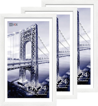 VCK 14x24 Picture Frame Set of 3, White Solid Wood Poster Frames, Textured Exclusive Wall Gallery Frame