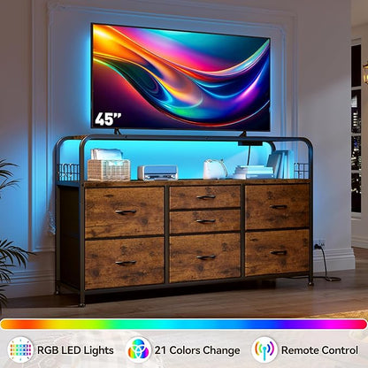TV Stand for Bedroom with LED Lights & Charging Station, 7 Drawer with Open Shelf, Media Console for Living Room & Chest of Drawers for Closet, Entryway, Hallway, 4 Hooks, Rustic Brown