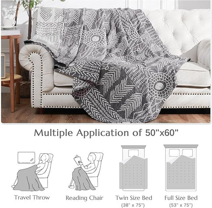 jinchan Boho 100% Cotton Muslin 50x60 Throw Blanket Lightweight 3 Layer Grey Blanket Washable Reversible Breathable Decorative Geometric Striped Patterned Gray Soft Cozy for Sofa Bed All Season Gift