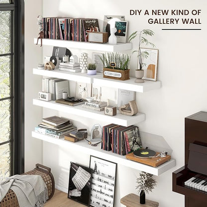 Floating Shelves - 2 Large Wall Mounted Shelves with Invisible Brackets, Long Wood Floating Wall Shelf for Living Room, Bedroom, Kitchen (White, 24" W x 9" D x 1.5" H)