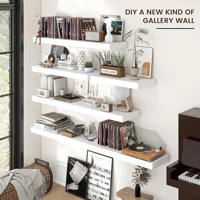 Floating Shelves for Wall, 2 Large Wall Mounted Shelves with Invisible Brackets, Long Wood Floating Wall Shelf Shelves for Living Room, Bedroom, Kitchen, (White, 36" W x 9" D x 1.5" H)