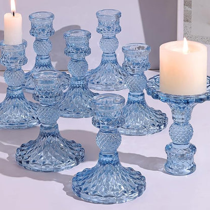 12Pcs 4" H Aqua Blue Candlestick Holders Set- Taper Candle Holders Bulk, Glass Candle Holders for Wedding, Party, Romantic Dinner Table Centerpieces, Festival Gifts & Windowsill Decor