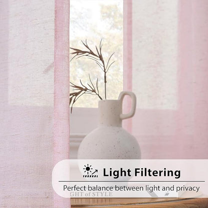 FMFUNCTEX Linen Sheer Curtains for Bedroom, Pink Curtains 84 inches Long for Living Room, Blush Pink Farmhouse French Flax Blend Window Draperies, Rod Pocket 2 Panels Set