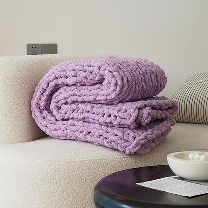 WESHIONGOO Chunky Knit Blanket Throw 50"×60" Knitted Throw Blankets for Couch Bed Fluffy Soft Blanket with Jumbo Chenille Yarn Thick 100% Handmade(Lilac)