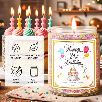 21st Birthday Candles Gifts for Women- 9 oz Happy Birthday Candle with Vanilla Birthday Cake Scent, Gifts for Women & Men, Friendship Ideas
