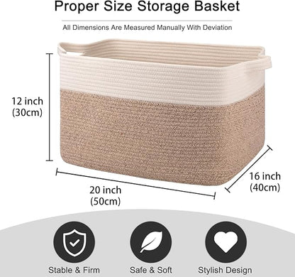OIAHOMY 65L Blanket Basket, Cotton Rope Woven Blanket storage for Living Room, Rectangle Woven Baskets for Storage, 20''×16''×12'', Brown and White